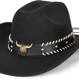 Western Cowboy Hat Unisex Wide Brim Felt Cowgirl Fedora with Bull Head Band